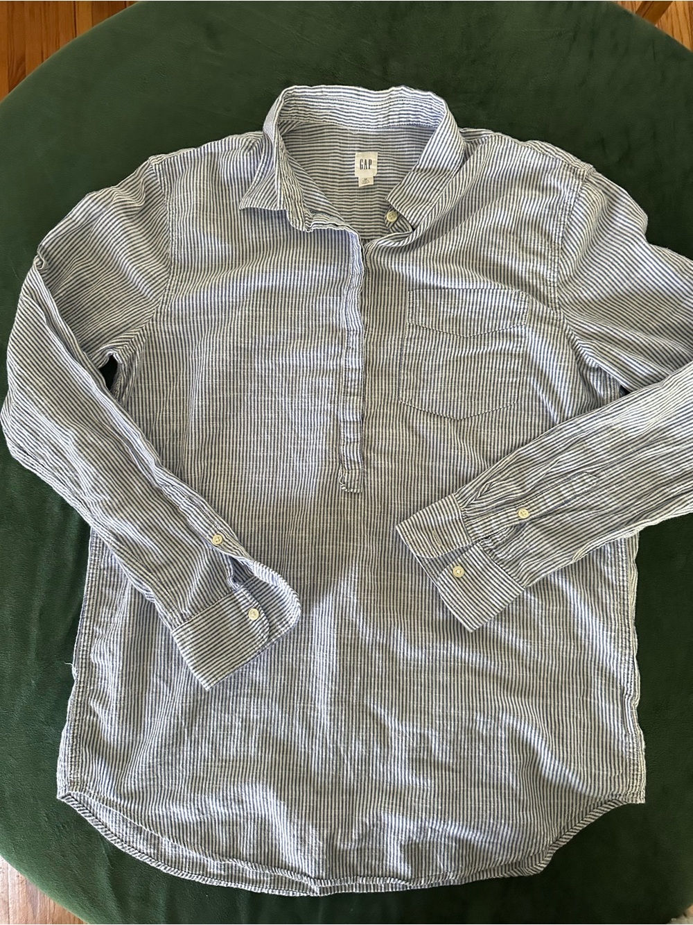 GAP TALL Blue and White Striped Women's Henley Popover Shirt - Picture 2 of 6